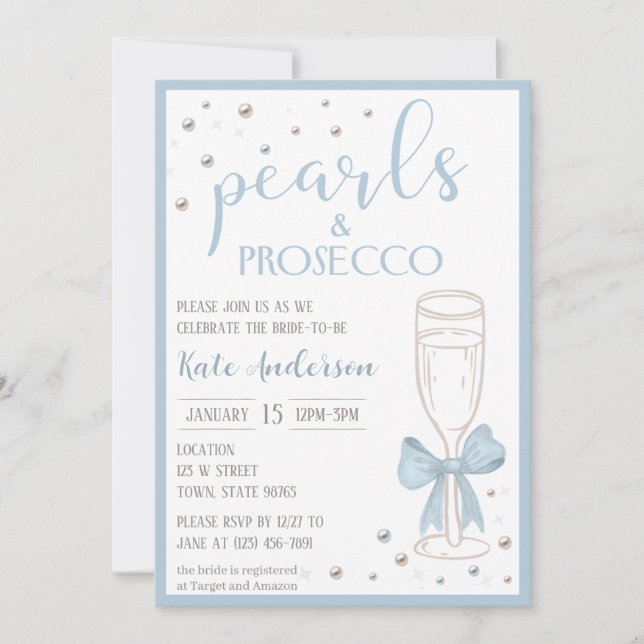 Convites Pérolas e Prosecco Laço Azul Festa de Noivado (Frente)