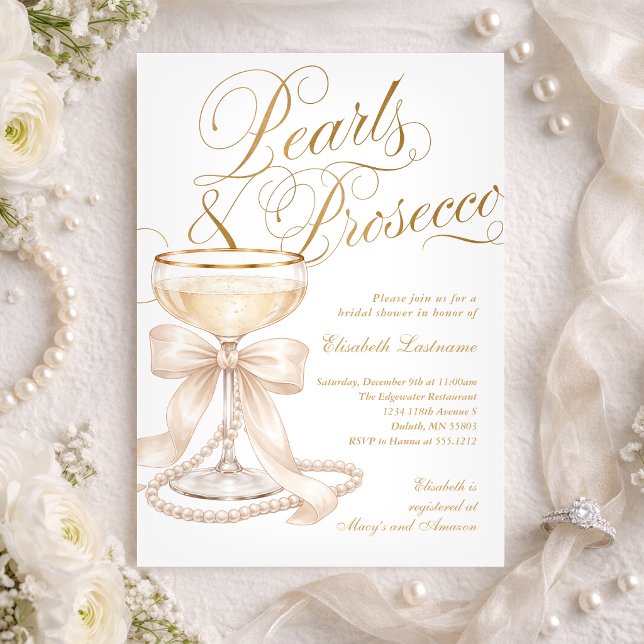Convites Pérolas e Prosecco Laço Branco Chá de Noiva (Pearls and Prosecco White Bow Bridal Shower Invitation)
