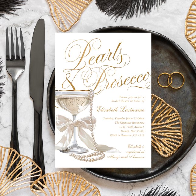 Convites Pérolas e Prosecco Laço Branco Chá de Noiva (Elegant Pearls & Prosecco White Bow Bridal Shower Invitation)