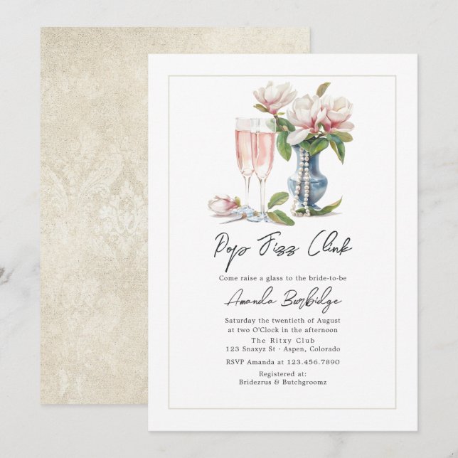 Convites Pérolas e Prosecco Pop Fizz Clink Chá de Noiva (Frente/Verso)