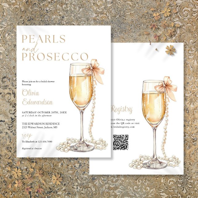Convites Pérolas e Prosecco QR Code Chá de Noiva (Pearls And Prosecco QR Code Bridal Shower Invitation)