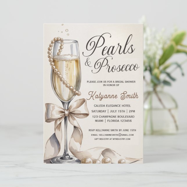 Convites Pérolas e Prosecco Tostão Branco Festa de Chá de N (Em pé/Frente)