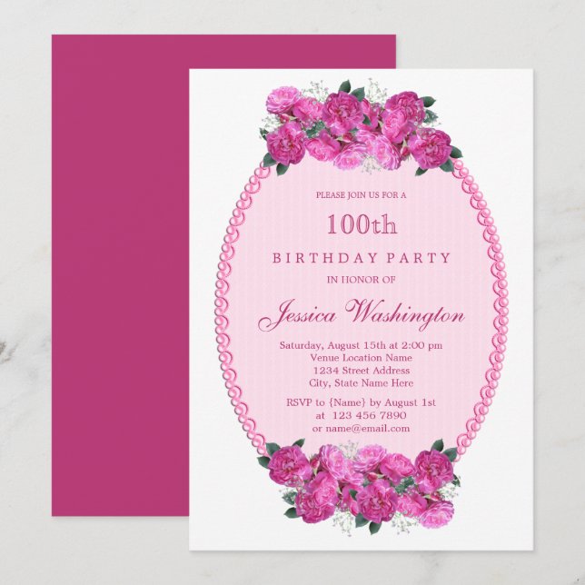 Convites Pérolas e Renda Floral Rosa 100º Aniversário (Frente/Verso)