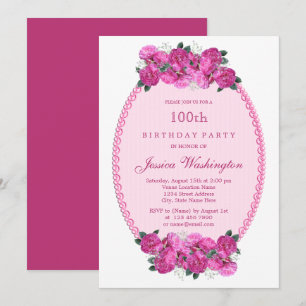 Convites Pérolas e Renda Floral Rosa 100º Aniversário