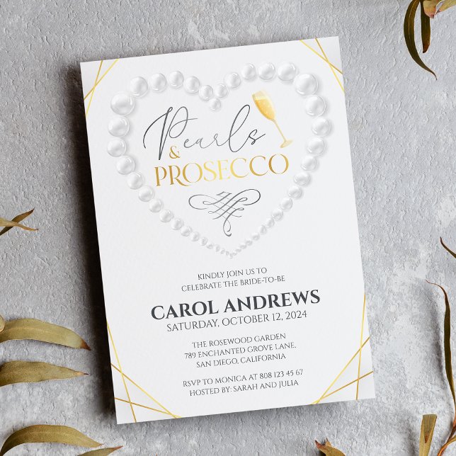 Convites Pérolas Elegant Heart & Prosecco Gold Chá de Noiva (Criador carregado)