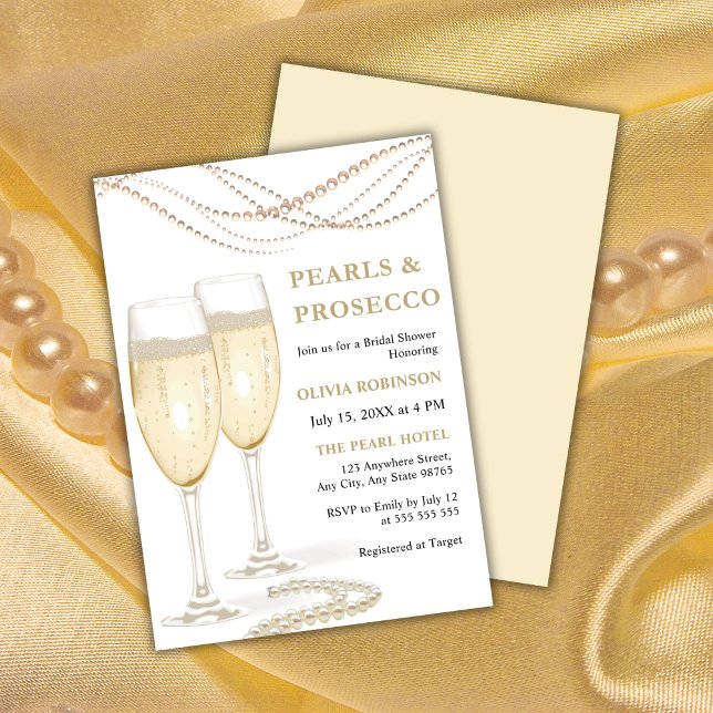 Convites Pérolas Elegantes Douradas e Chá de panela Prosecc (Gold Elegant Pearls and Prosecco Bridal Shower Invitation )