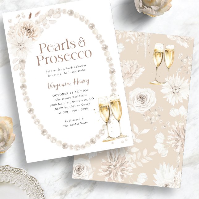 Convites Pérolas Elegantes e Chá de panela Prosecco (Elegant Pearls and Prosecco Bridal Shower Invitation
)