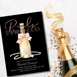 Convites Pérolas Elegantes e Laço Rosa Prosecco para 50º An
