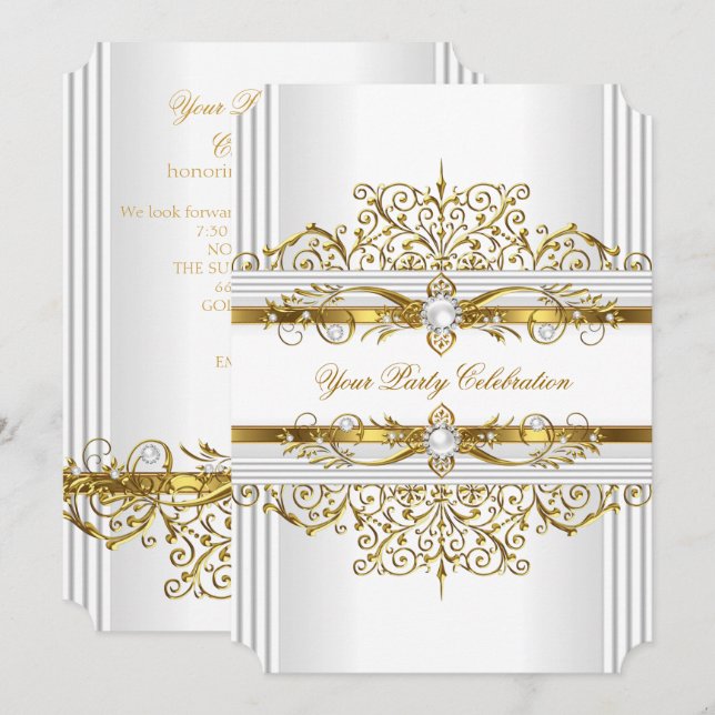 Convites Pérolas Elegantes em Ouro Branco Festa de Aniversá (Frente/Verso)