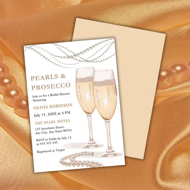 Convites Pérolas Elegantes Modernas e Chá de panela Prosecc (Modern Elegant Pearls and Prosecco Bridal Shower Invitation  )
