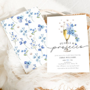 Convites Pérolas Florais Dusty Azul e Chá de panela Prosecc