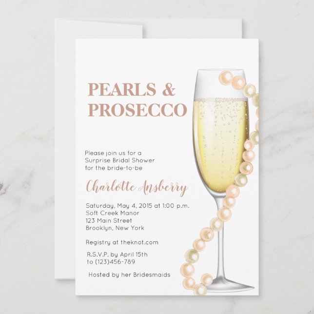 Convites Pérolas Modernas Elegantes e Chá de panela Prosecc (Frente)