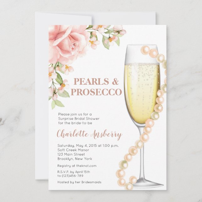 Convites Pérolas Modernas Elegantes e Chá de panela Prosecc (Frente)