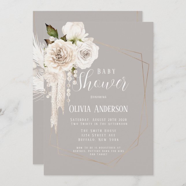 Convites Pérolas Neutras de Aquarela e Chá de fraldas de Fl (Frente/Verso)