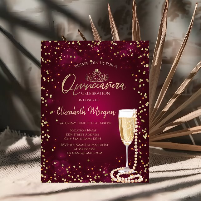 Convites Pérolas Ouros Prosecco BurgundyQuinceañera (Criador carregado)