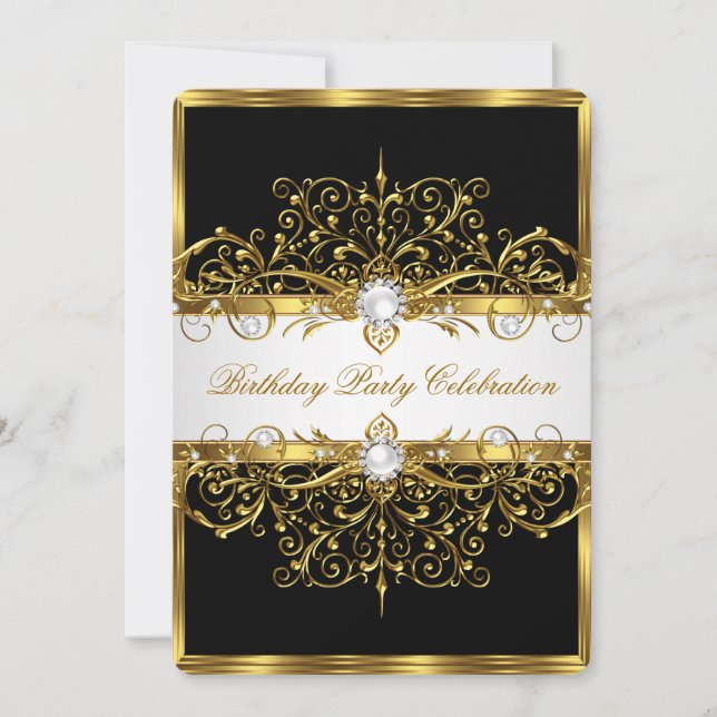Convites Pérolas Preto Branco Dourado Festa de Aniversário  (Frente)