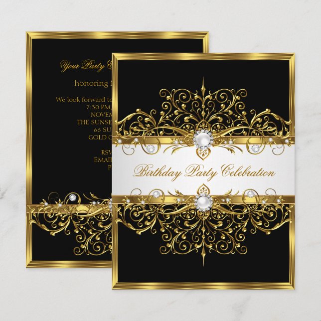 Convites Pérolas Preto Branco Dourado Festa de Aniversário  (Frente/Verso)