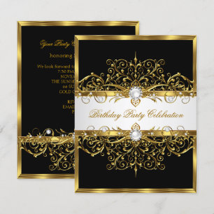 Convites Pérolas Preto Branco Dourado Festa de Aniversário