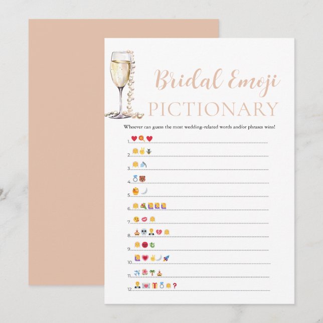 Convites Pérolas & Prosecco Chá de Noiva Emoji Pictionary (Frente/Verso)