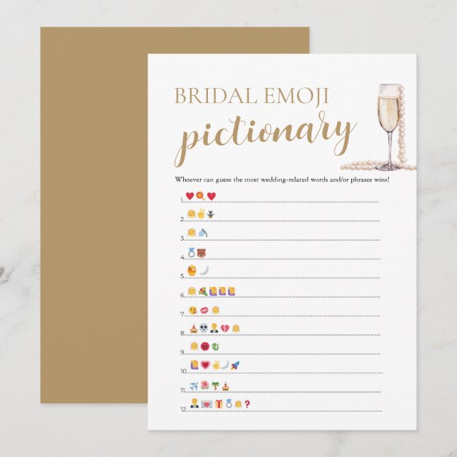 Convites Pérolas & Prosecco Chá de Noiva Emoji Pictionary (Frente/Verso)