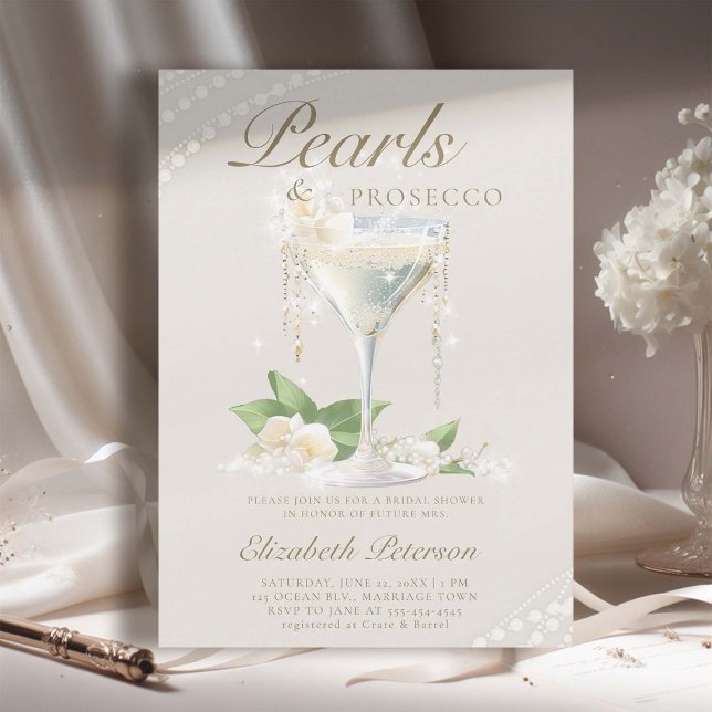 Convites Pérolas Prosecco Chá de panela de marfim (pearls prosecco petals bridal shower invitation brunch template card champagne watercolor ivory)