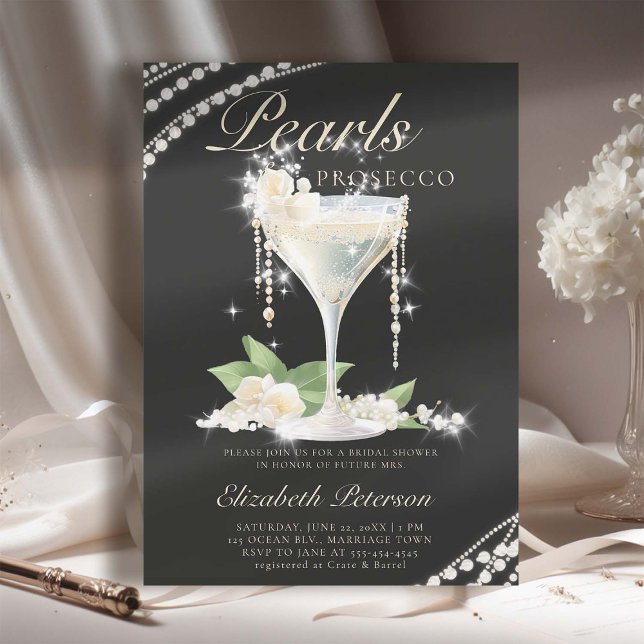Convites Pérolas Prosecco Chá de panela Elegante Preto (pearls prosecco petals bridal shower invitation brunch template card champagne watercolor black)
