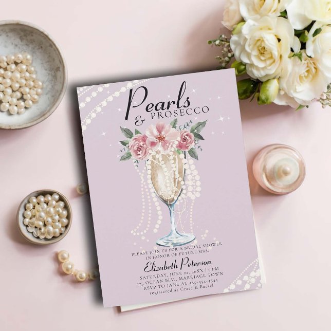 Convites Pérolas Prosecco Chá de panela Lilac Brunch (pearls and prosecco bridal shower invitation brunch bubbly champagne garden outdoors modern lilac)