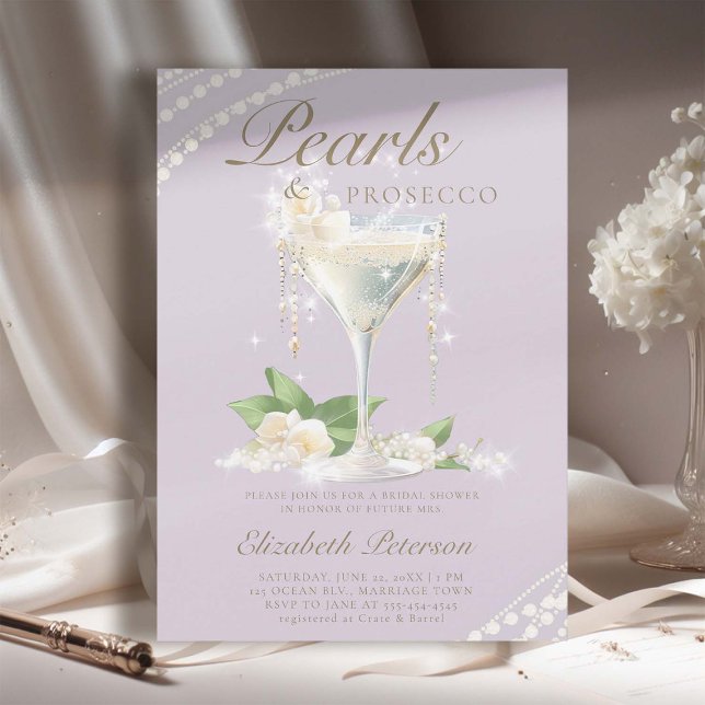 Convites Pérolas Prosecco Chá de panela Lilac Elegante (pearls prosecco petals bridal shower invitation brunch template card champagne watercolor lilac)