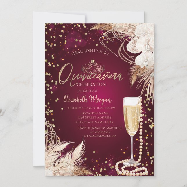 Convites Pérolas Prosecco Diamantes Boho Flores Quinceañera (Frente)