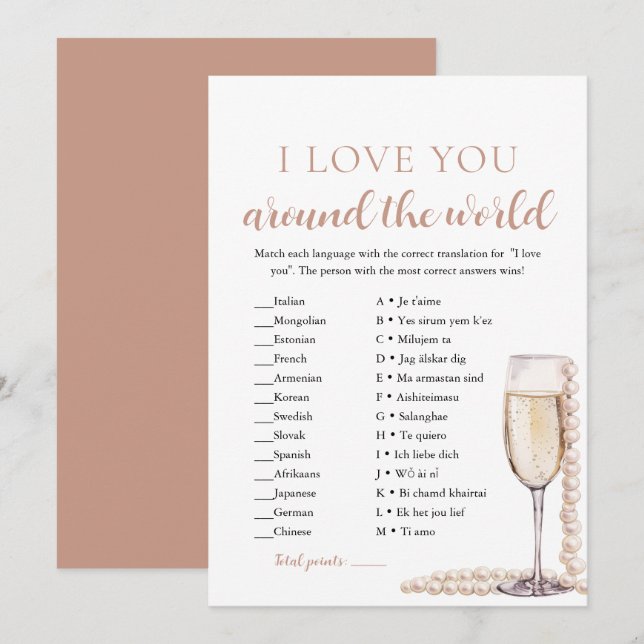 Convites Pérolas & Prosecco Eu Te Amo Jogo Ao Redor do Mund (Frente/Verso)