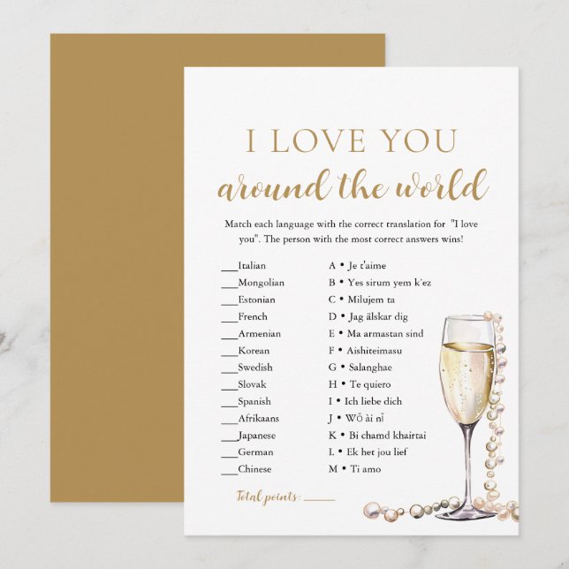 Convites Pérolas & Prosecco Eu Te Amo Jogo Ao Redor do Mund (Frente/Verso)