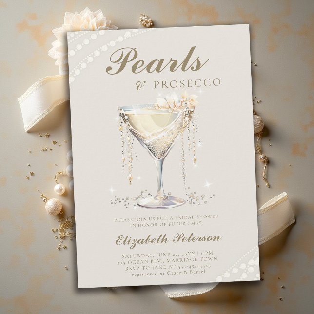 Convites Pérolas Prosecco Marfim Chá de Noiva Elegante Brun (pearls and prosecco bridal shower theme invitation card ecru ivory gold elegant modern chic)