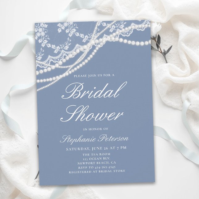 Convites Pérolas Renda Algo Azul Elegante Chá de Noiva (lace bridal shower ideas white pearls something blue modern classic traditional elegant invitation)