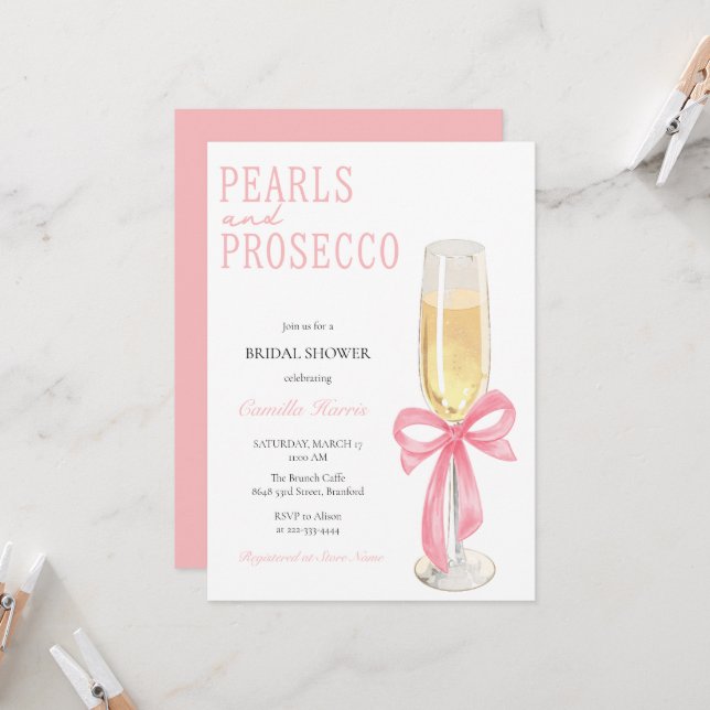 Convites Pérolas rosa e Chá de panela mínimo do Prosecco (Frente/Verso In Situ)