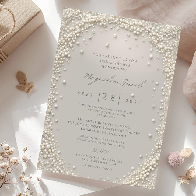 Convites Pérolas Rosa Pastel Elegantes Editáveis com Diaman (Criador carregado)