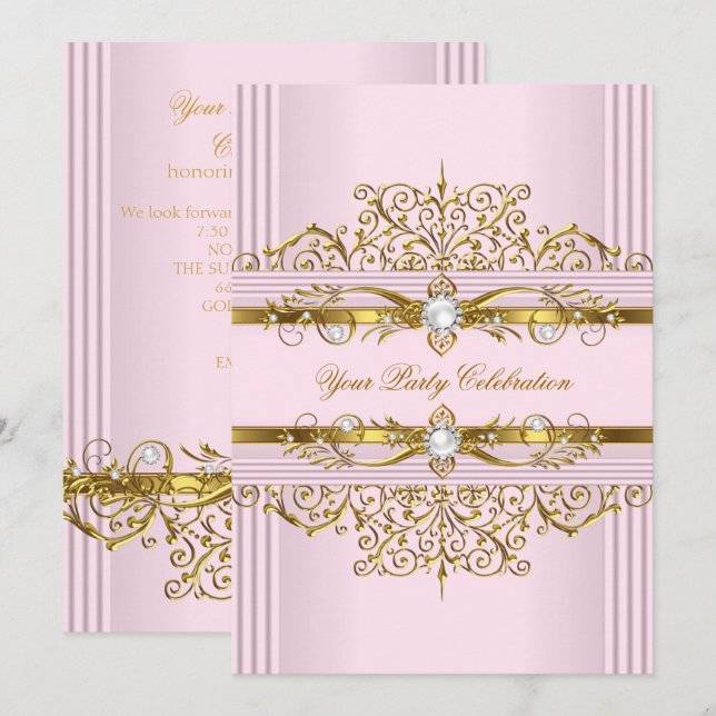 Convites Pérolas Rosas em Ouro Branco Festa de Aniversário  (Frente/Verso)
