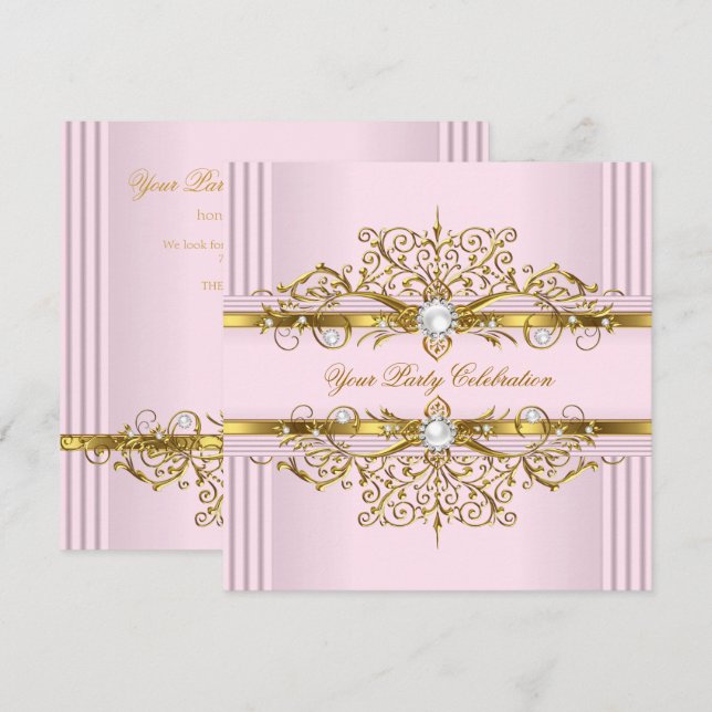 Convites Pérolas Rosas em Ouro Branco Festa de Aniversário  (Frente/Verso)