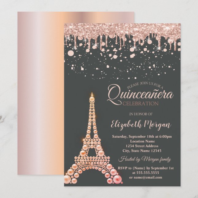 Convites Pérolas Torre Eiffel, Gotas Pontos Quinceañera (Frente/Verso)