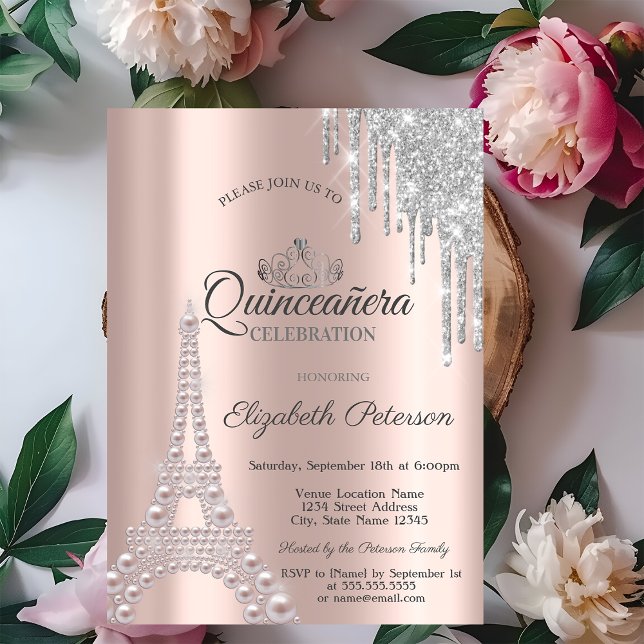 Convites Pérolas, Torre Eiffel, Gotas Rosa Dourado Quinceañ (Criador carregado)