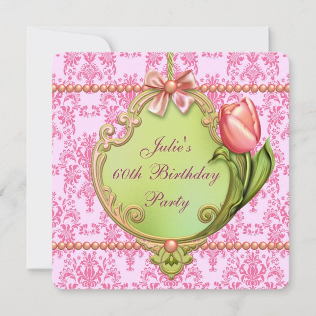 Convites Pérolas Tulipas Rosa Damáscaras Qualquer Número (Frente)