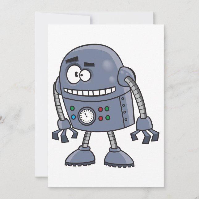 Convites Personagem de Robô Engraçado Fofo Azul Retro (Frente)