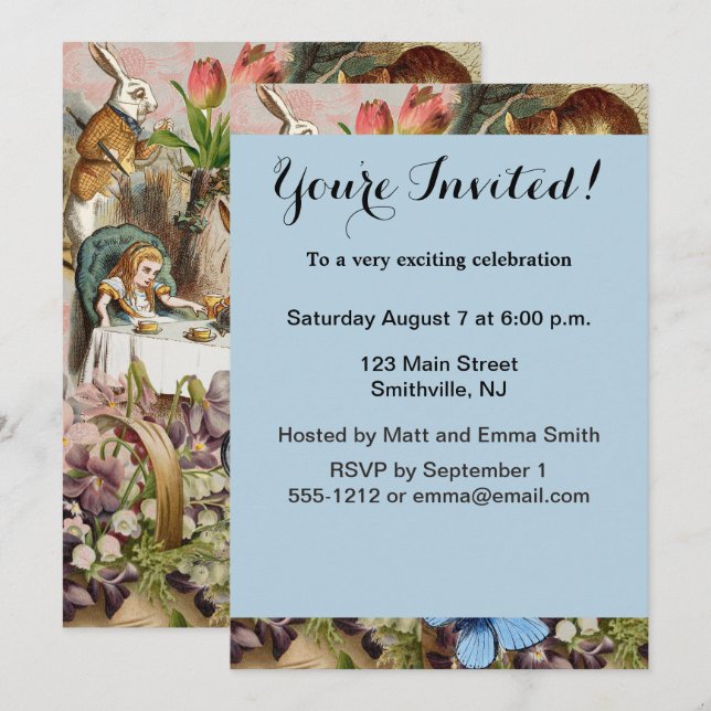 Convites personagens da festa de chá de Alice no País das M (Frente/Verso)