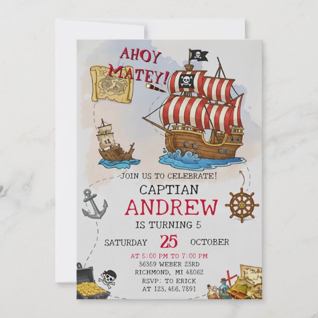 Convites Personal Ahoy Mateys Pirate Ship Birthday Party (Frente)