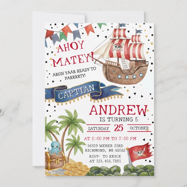 Convites Personal Ahoy Mateys Pirate Ship Birthday Party (Frente)