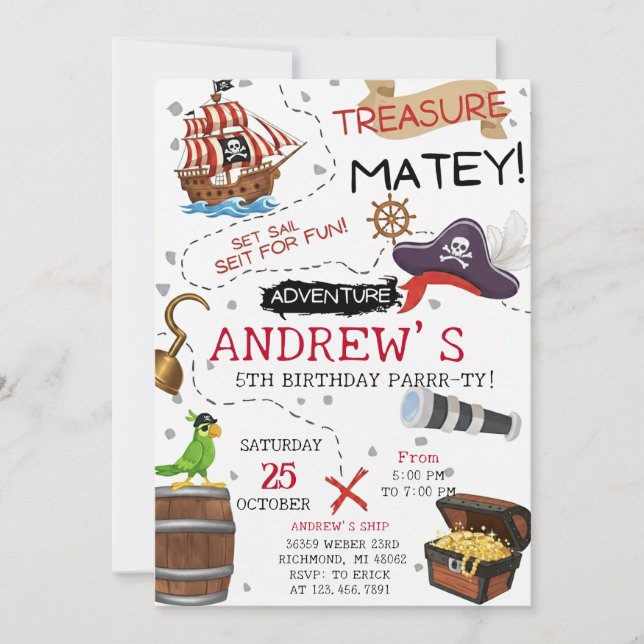 Convites Personal Ahoy Mateys Pirate Ship Birthday Party (Frente)