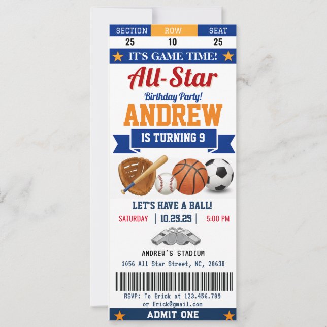 Convites Personal All Star Sport Birthday Ticket for kid (Frente)