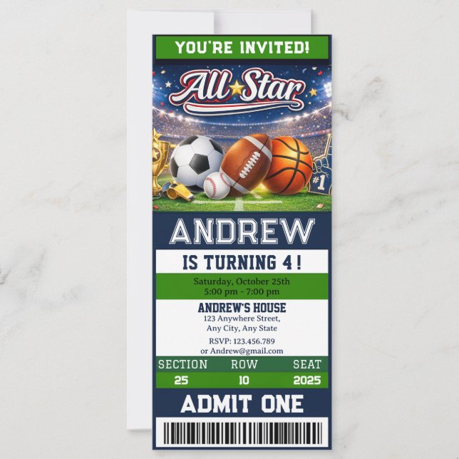 Convites Personal All Star Sports Ticket Birthday (Frente)