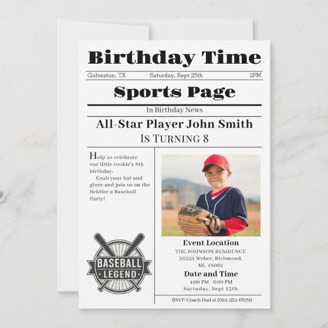 Convites Personal Baseball Birthday Invitation With Photo (Frente)