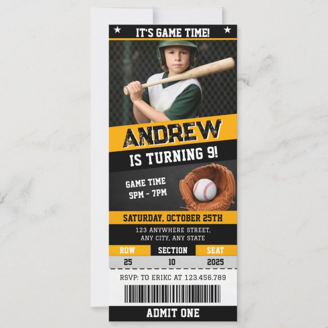 Convites Personal Baseball Ticket Birthday With Photo (Frente)