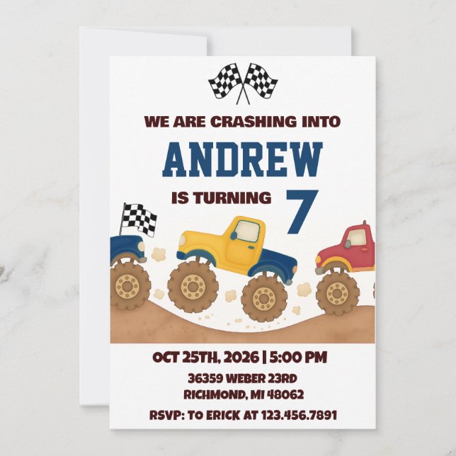 Convites Personal Boy Monster Truck Birthday Party  (Frente)